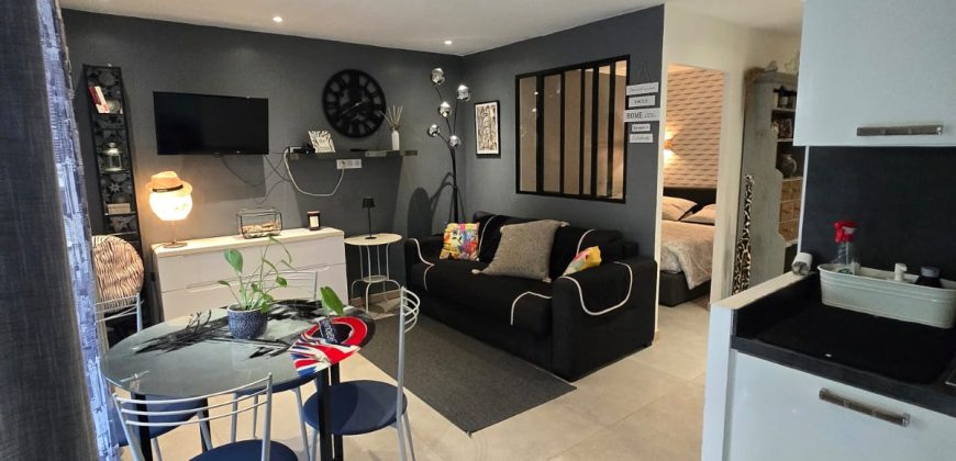 ARI/1 – Golfe Juan Centre Ville, Charmant Studio + Coin nuit 33.72m² Meublé, climatisé, RDJ Nord Ouest avec Cave
